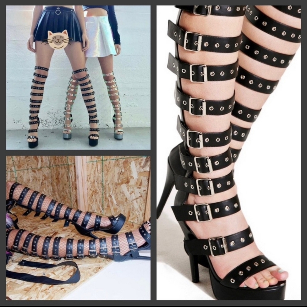 Studded Strappy Knee-High Gladiator Heels - Black